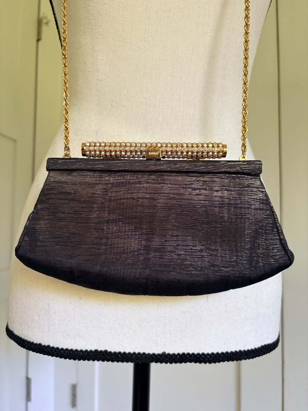 Vintage Rodo Italy Black Metallic Clutch with Jeweled Crystal Clasp and Chain